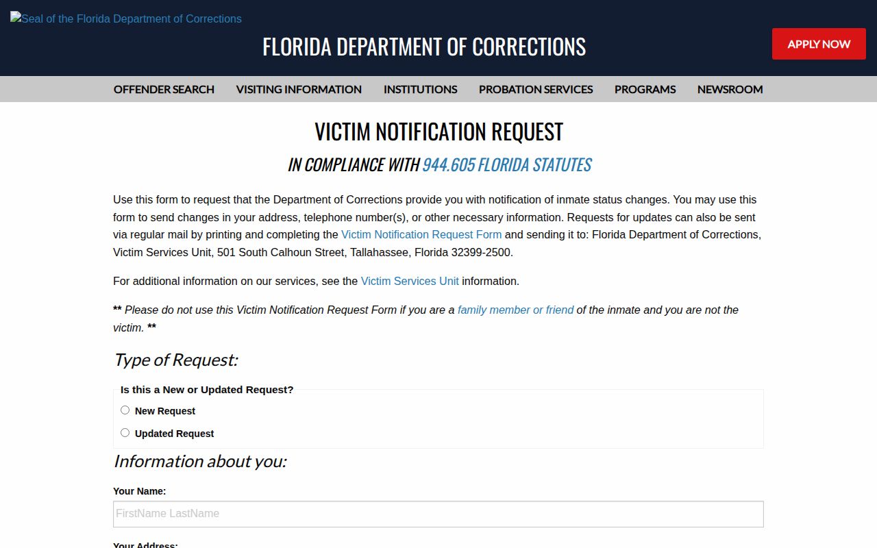 Florida victim assistance page with VINE notification information