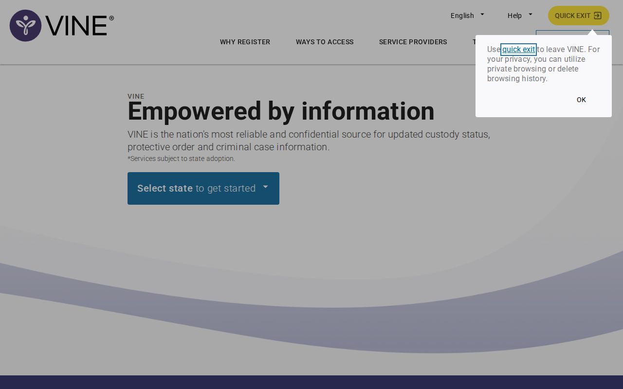 Generic VINELink notification registration interface with blank fields
